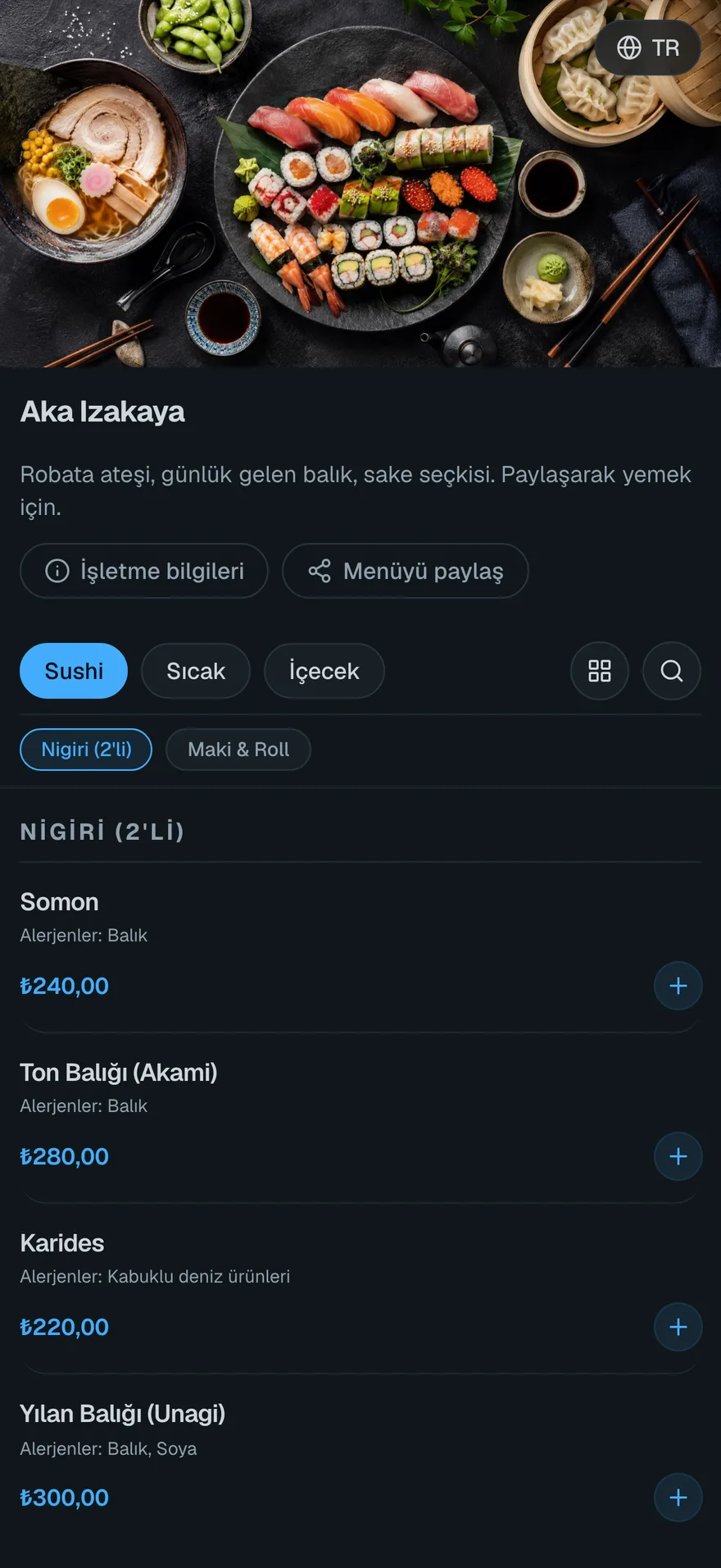 Aka Izakaya menüsü