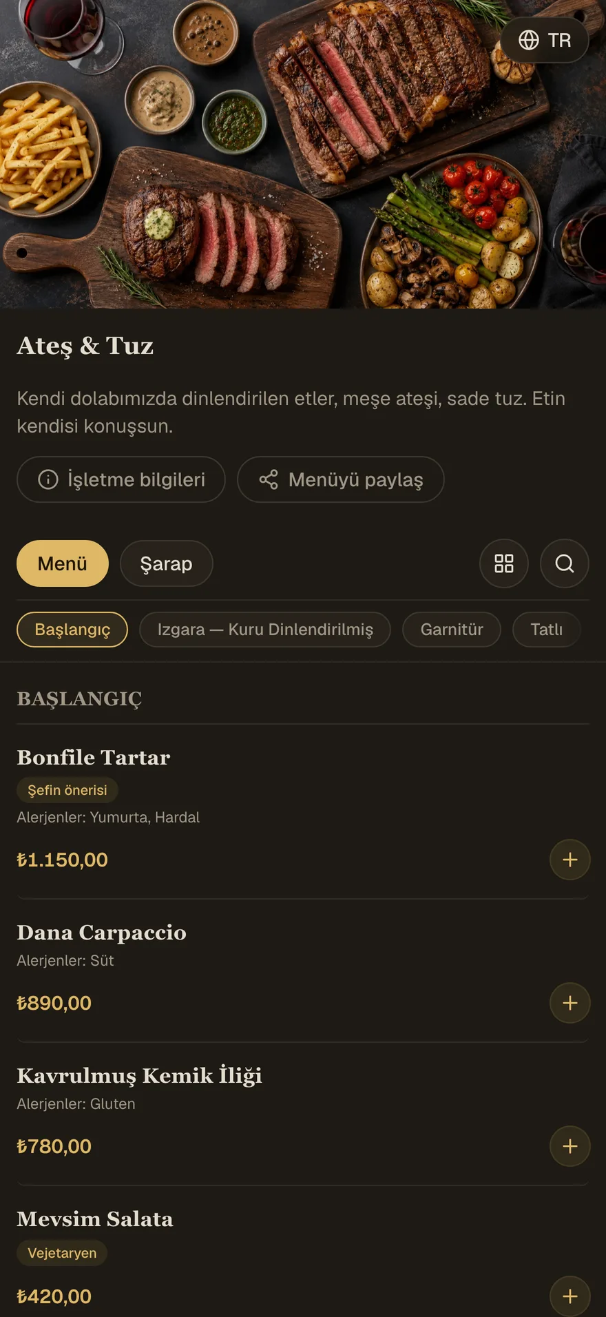 Ateş & Tuz Steakhouse dijital menüsü