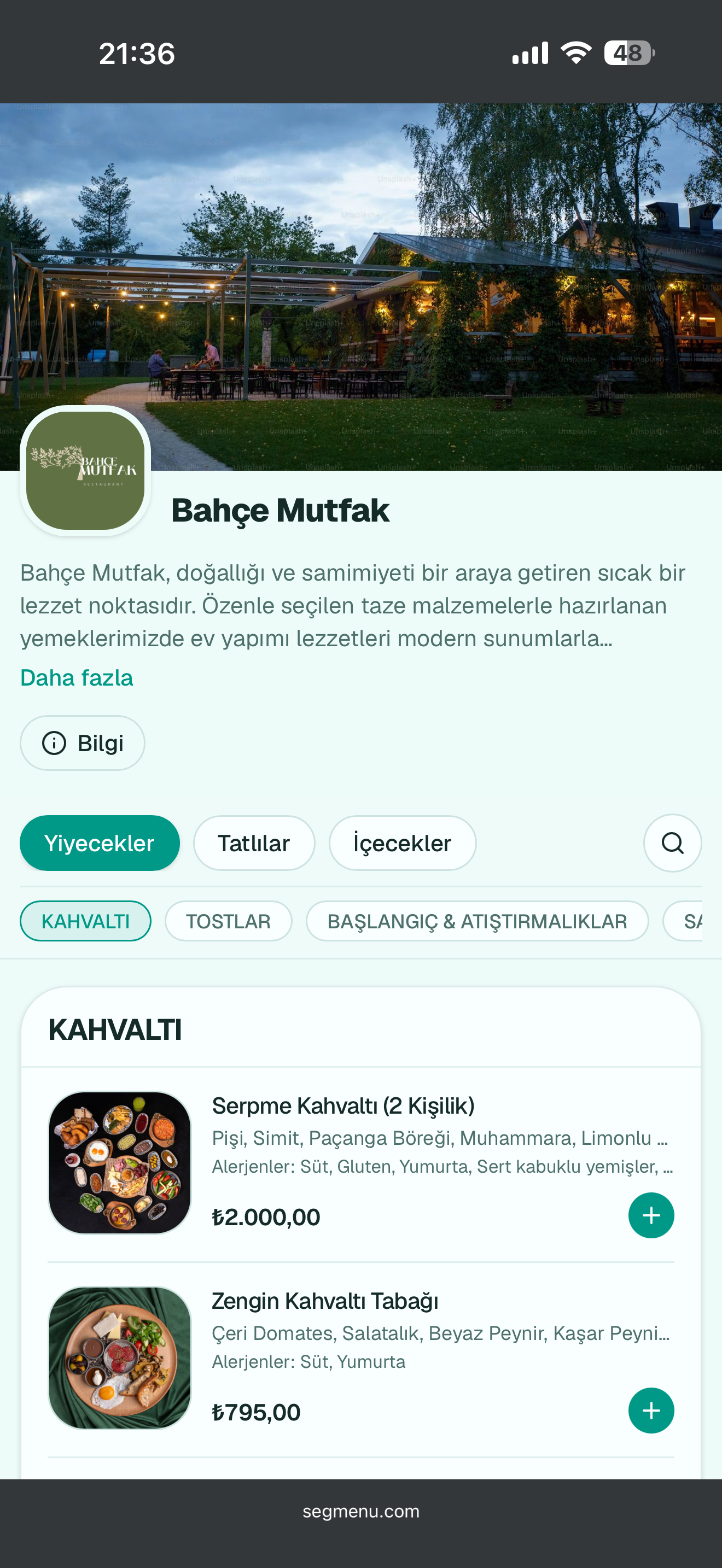 Bahçe Mutfak menüsü