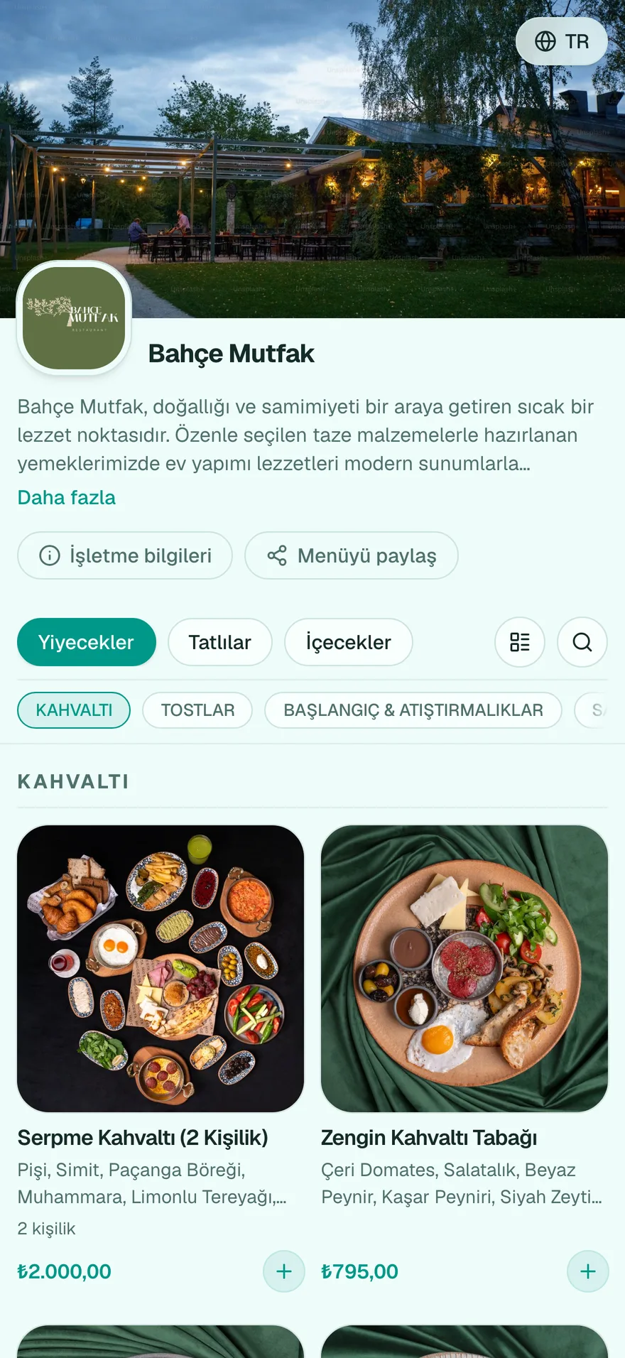 Bahçe Mutfak dijital menüsü