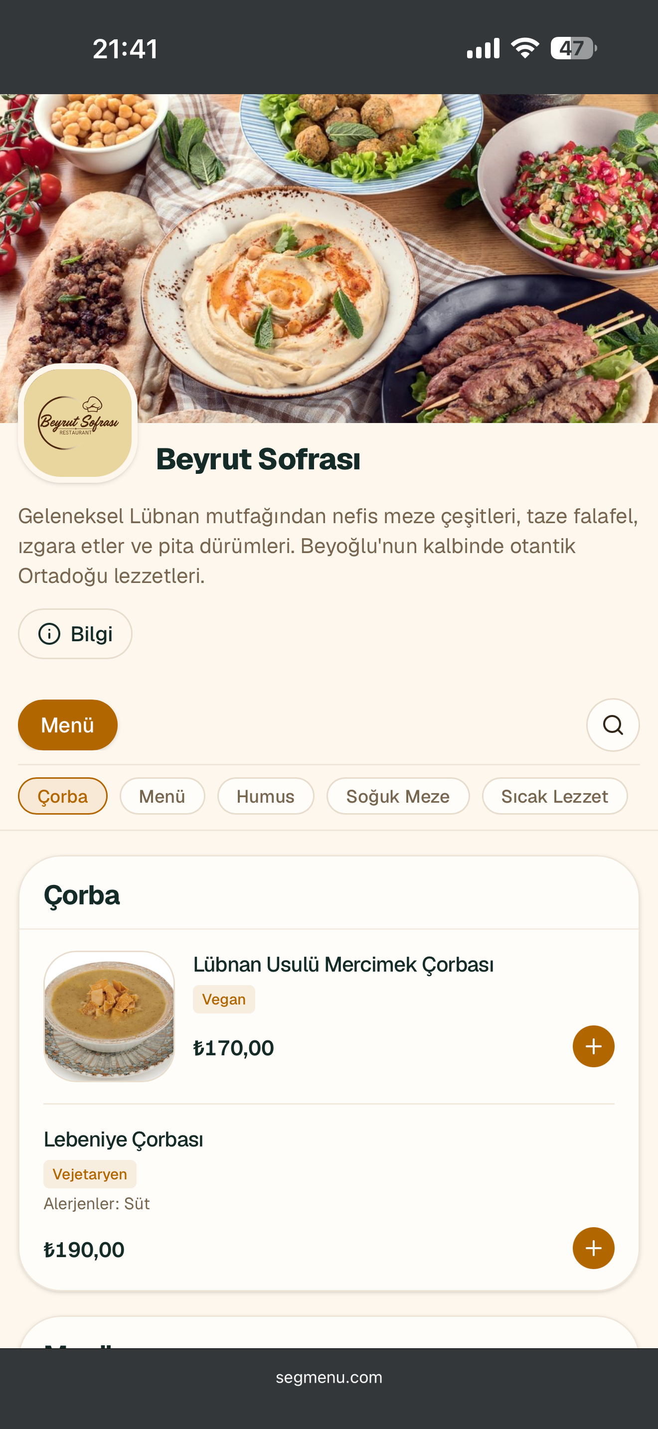 Beyrut Sofrası menüsü