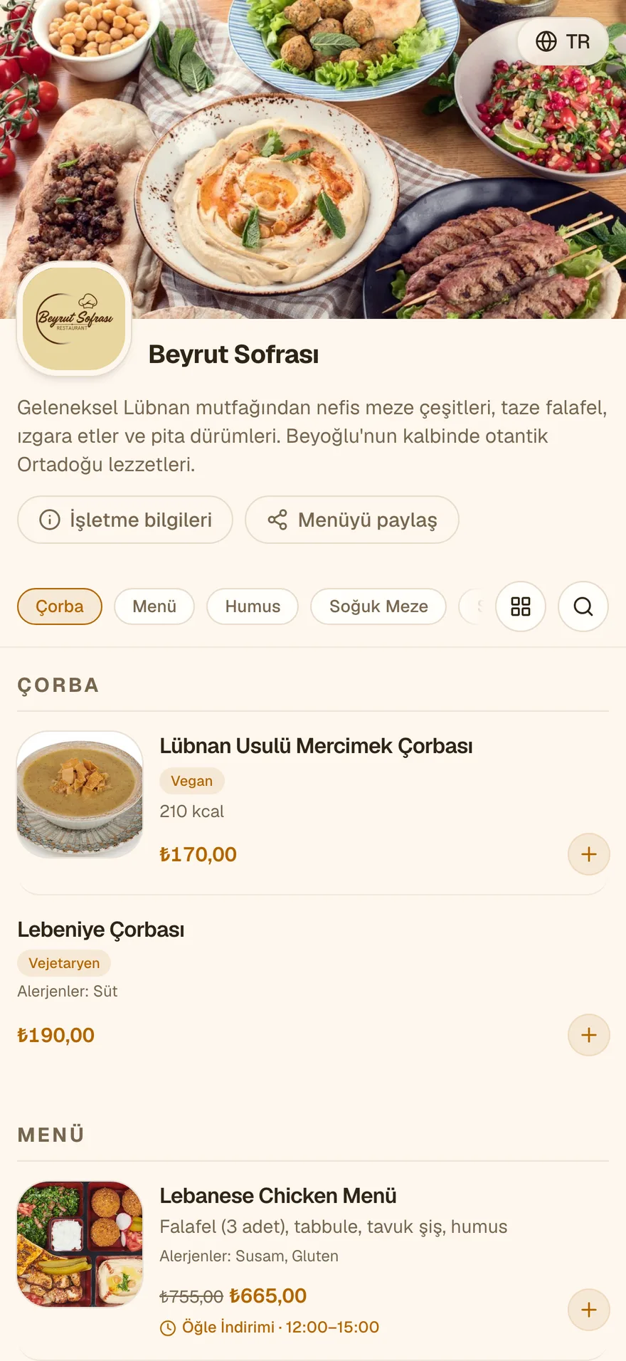 Beyrut Sofrası menüsü