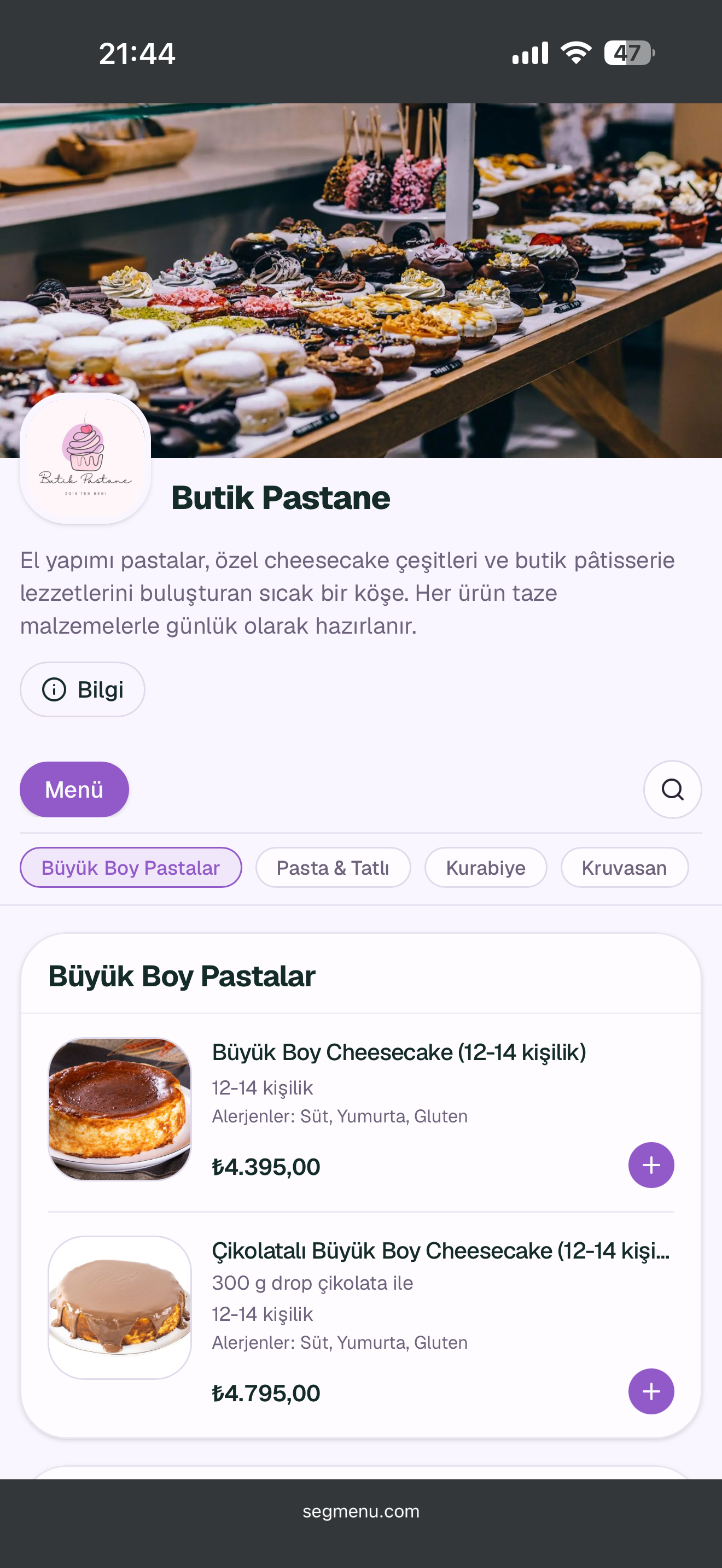 Butik Pastane menüsü