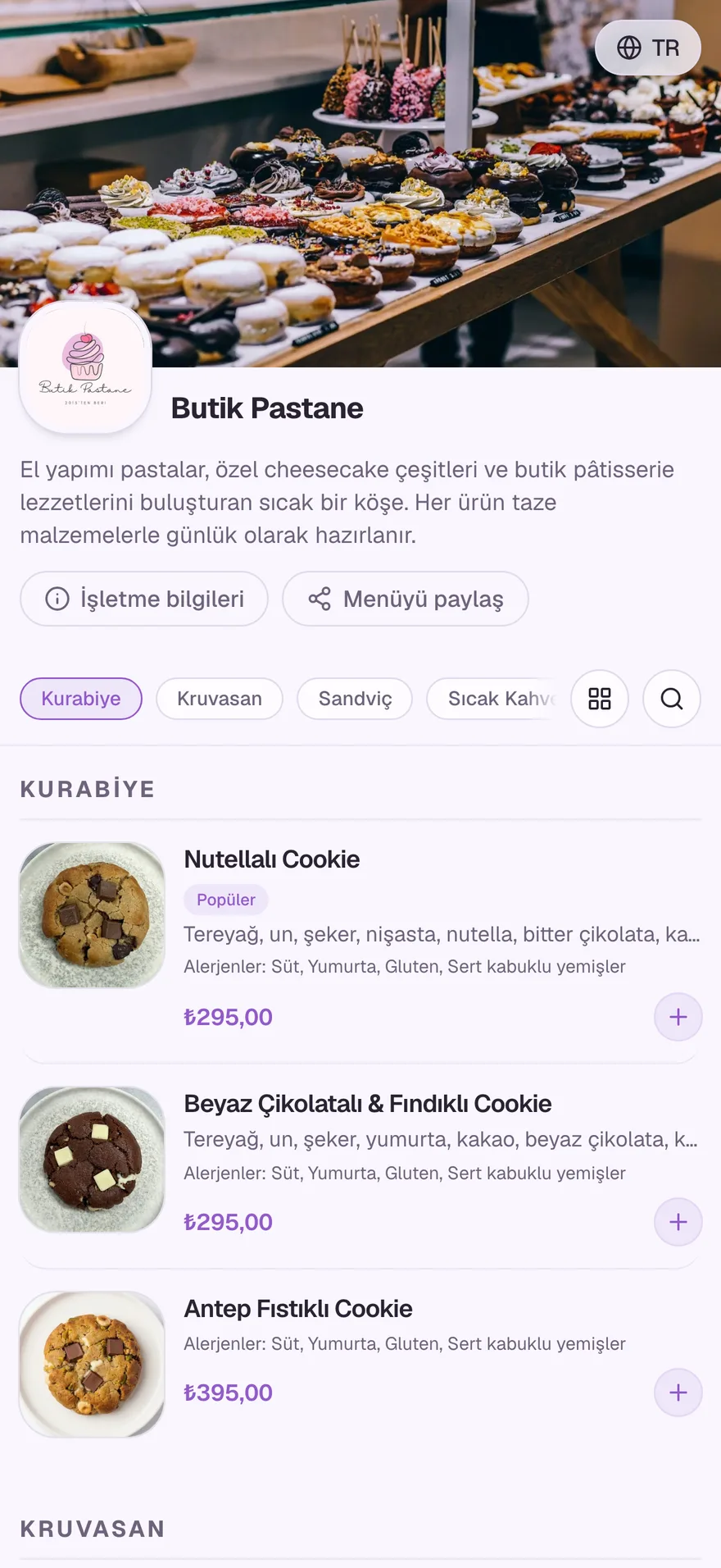 Butik Pastane menüsü