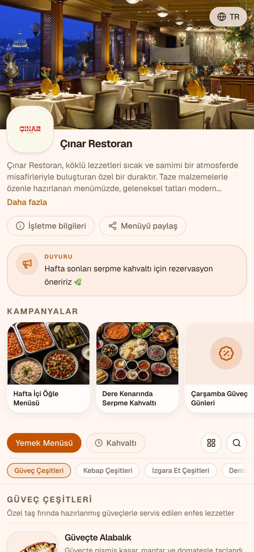 Çınar Restoran menüsü