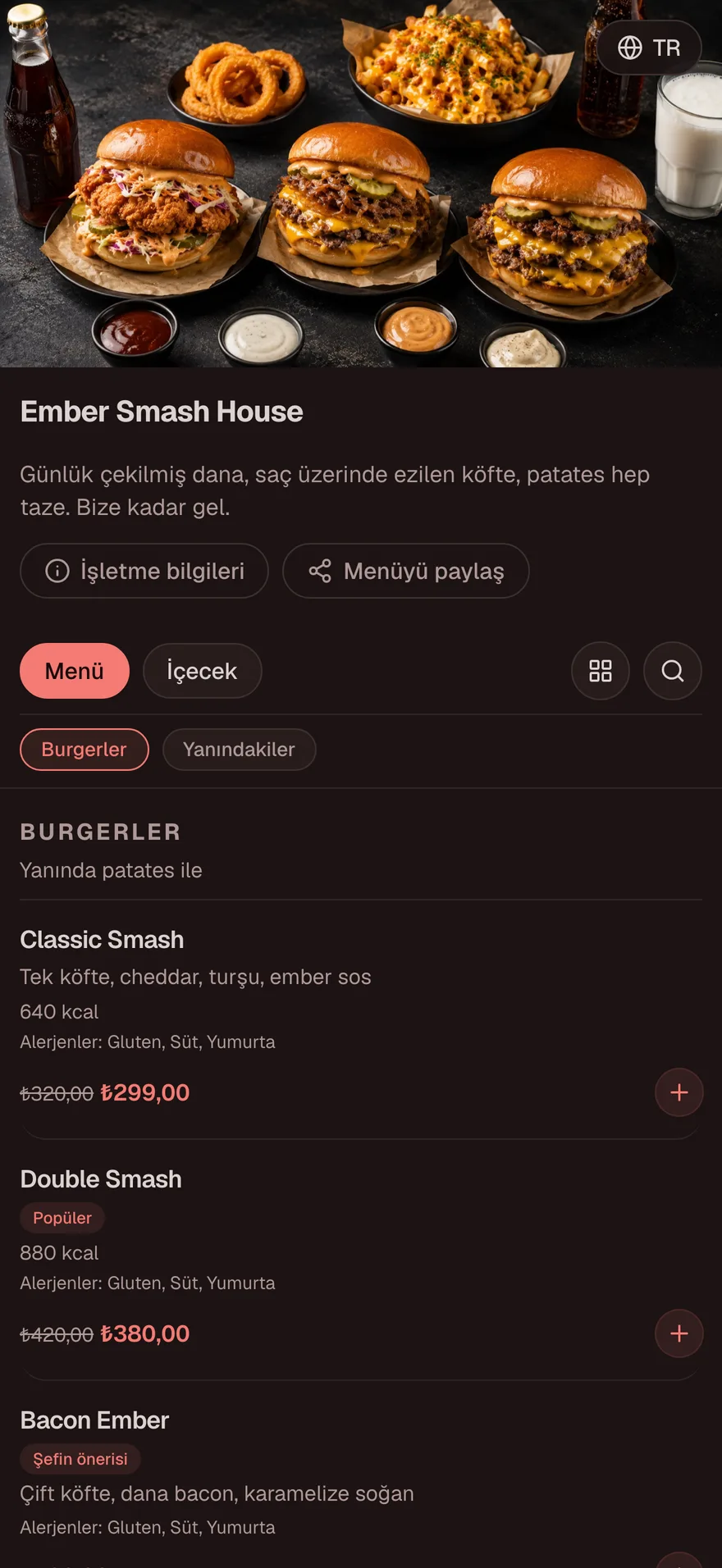 Ember Smash House menüsü