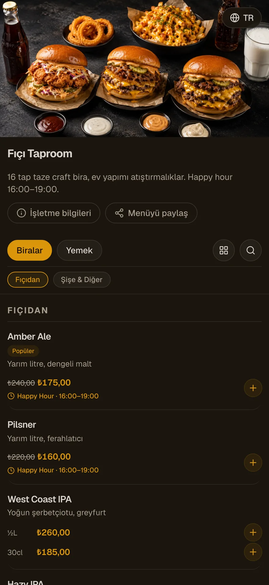 Fıçı Taproom menüsü