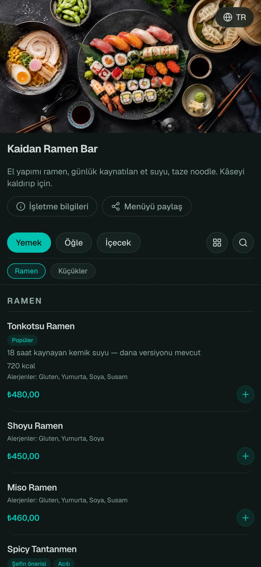 Kaidan Ramen Bar menüsü