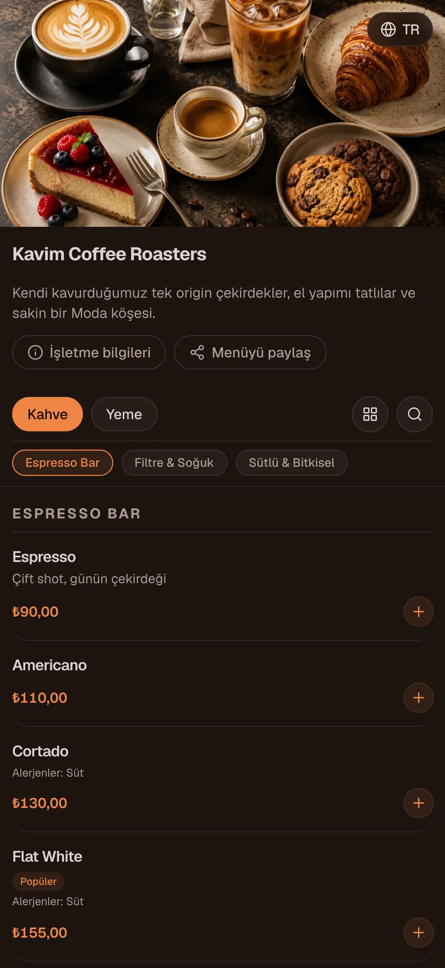 Kavim Coffee Roasters menüsü