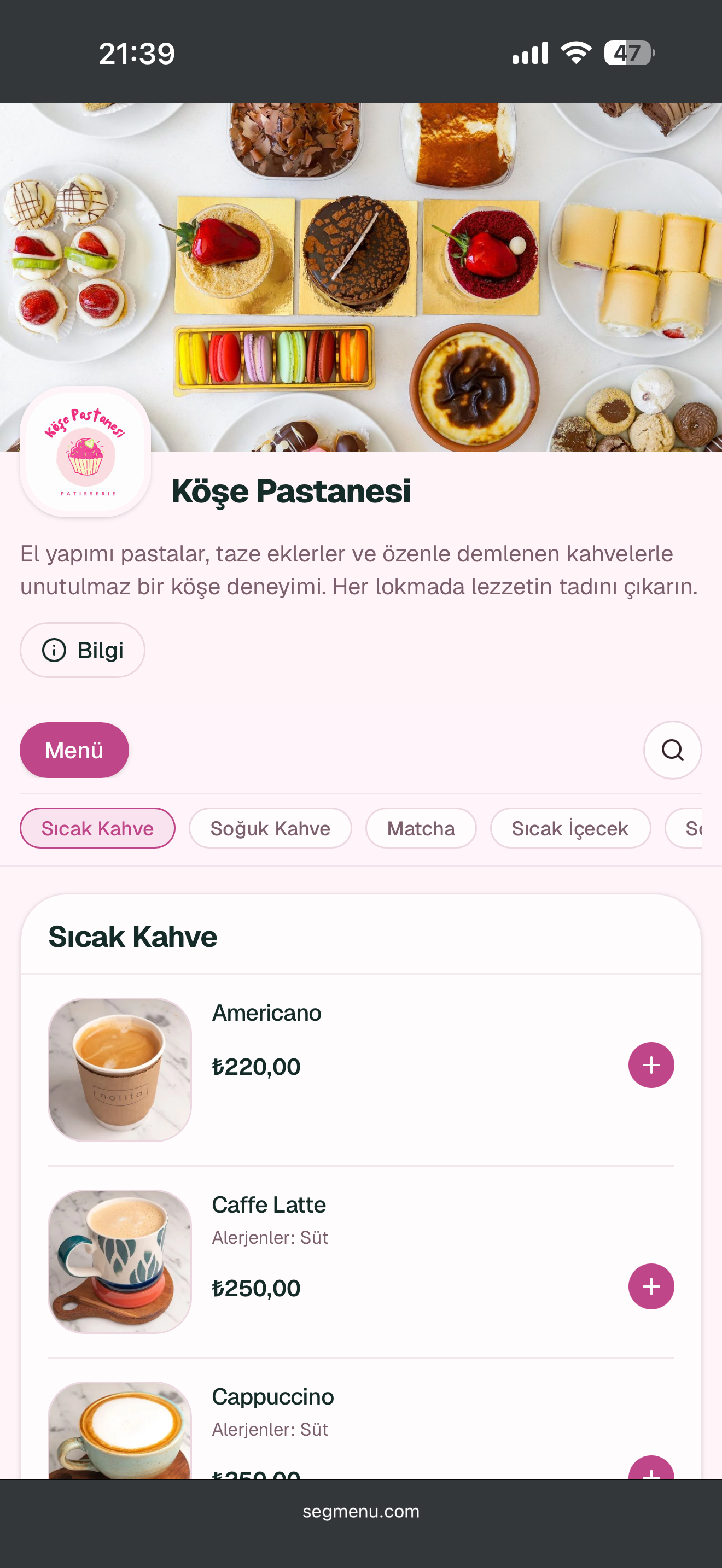 Köşe Pastanesi menüsü