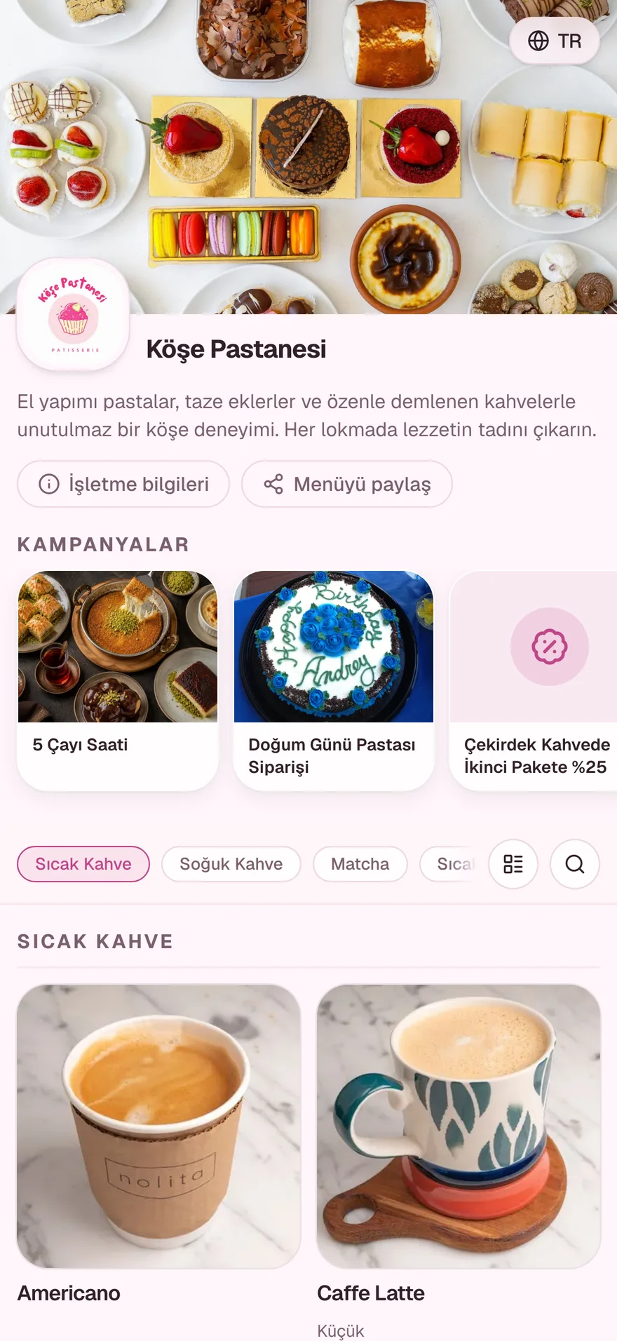 Köşe Pastanesi menüsü