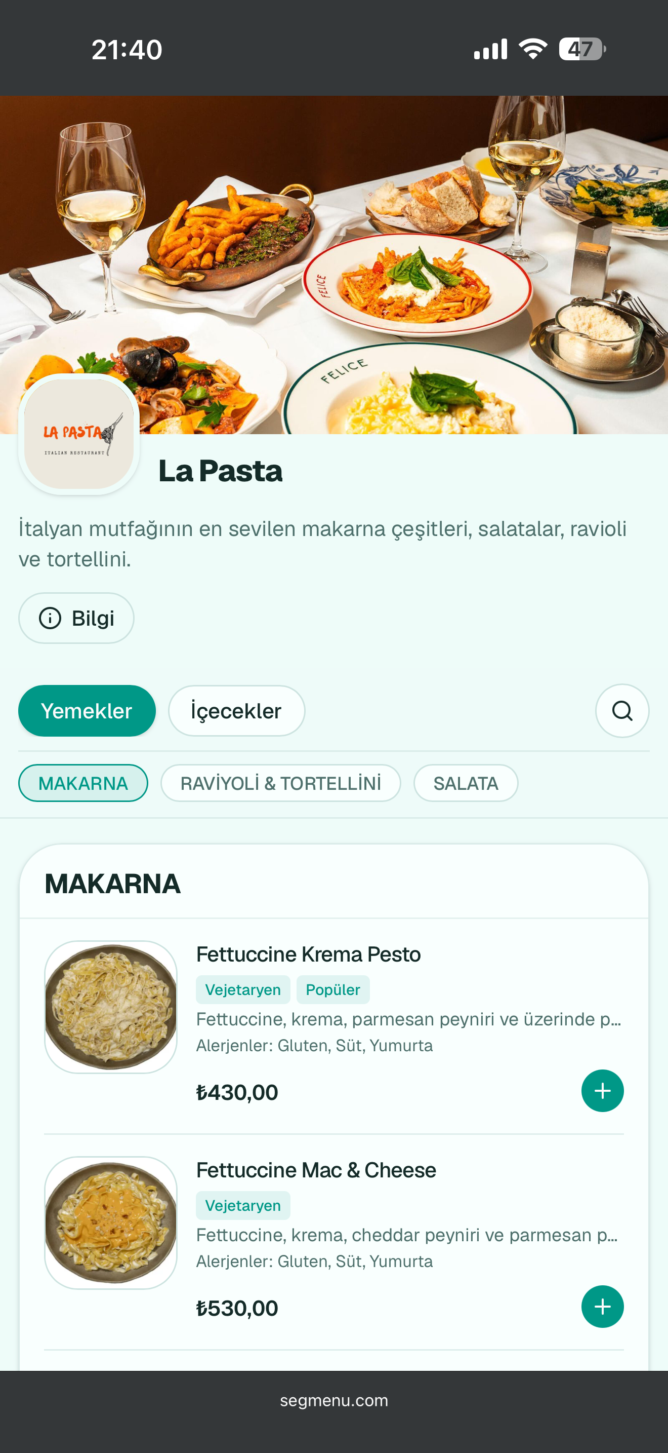 La Pasta menüsü