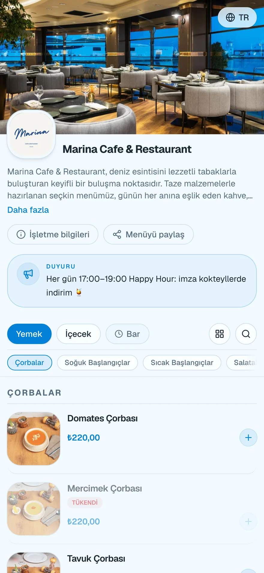 Marina dijital menüsü