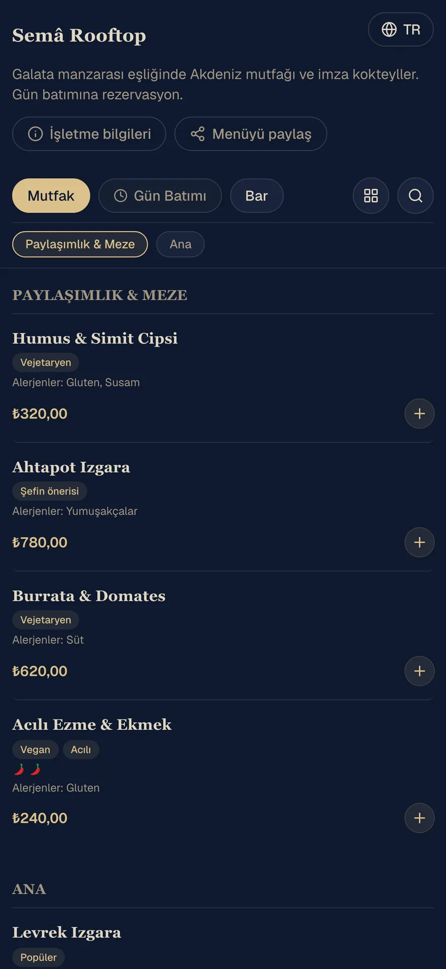 Semâ Rooftop menüsü