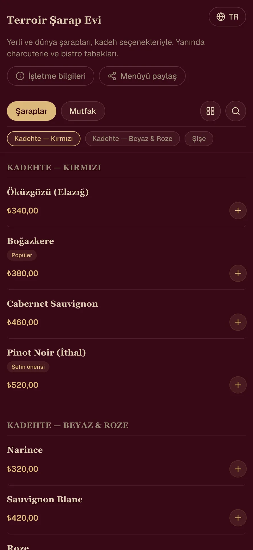 Terroir Şarap Evi menüsü