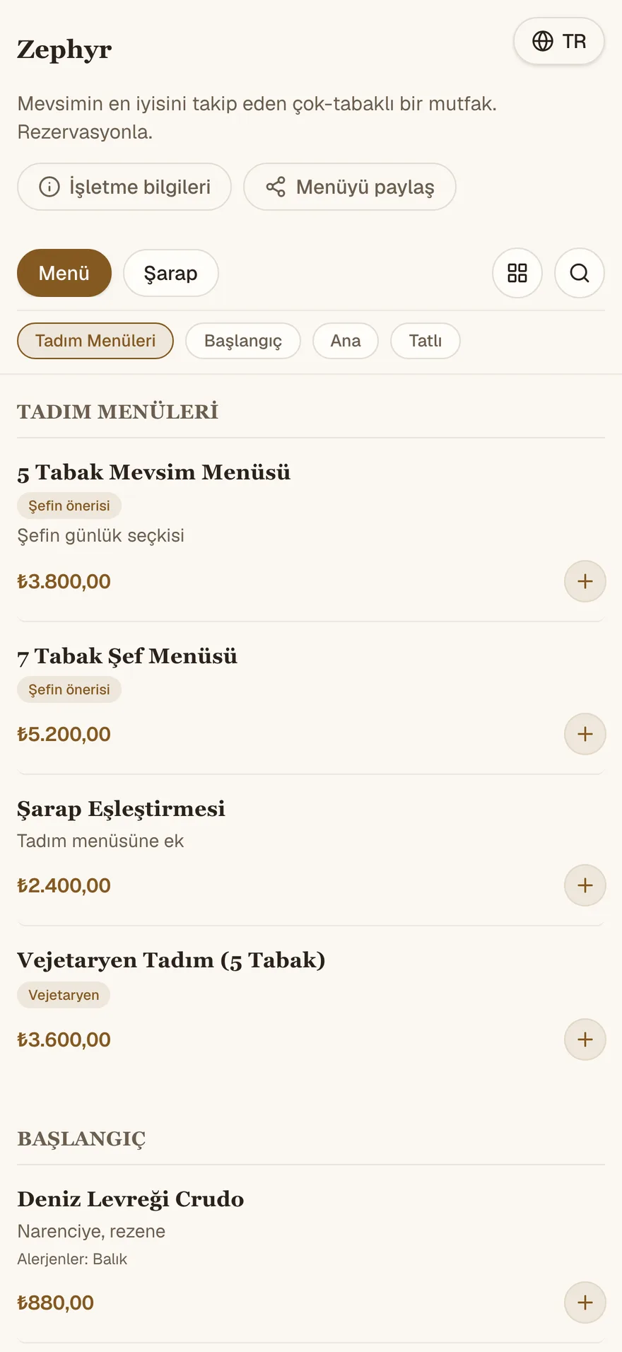 Zephyr menüsü